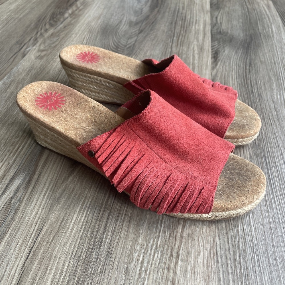 UGG Coral Suede Fringe Espadrille Wedge Sandals Slides Summer Boho HippieSize 9‎